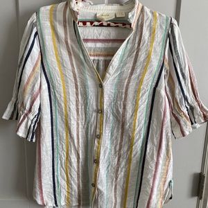 Maeve Anthropologie Stripe Blouse Womens 4 Puff Sleeves Button Up Curved Hem